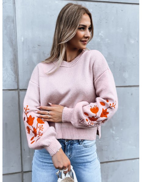 Ružový sveter Lyra s kvetinovým vzorom na rukáve