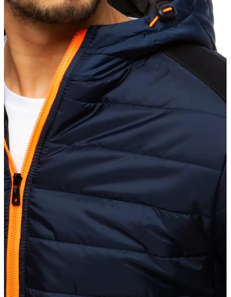 Prešívaná pánska bunda s kapucňou v tmavomodrej farbe