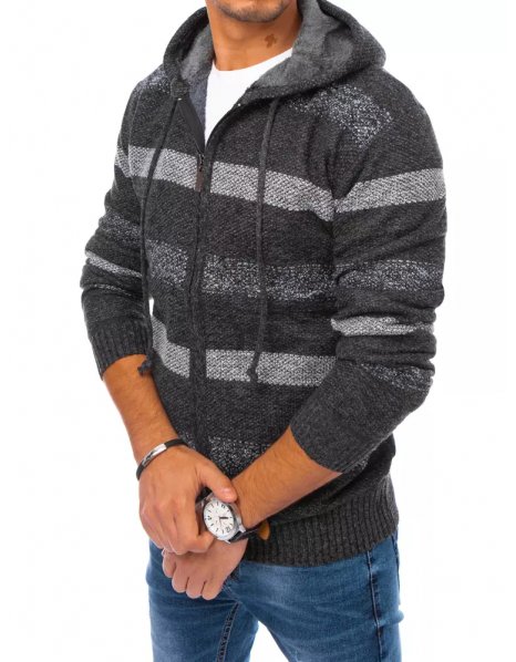 Tmavošedý pánsky rozopínateľný sveter s kapucňou