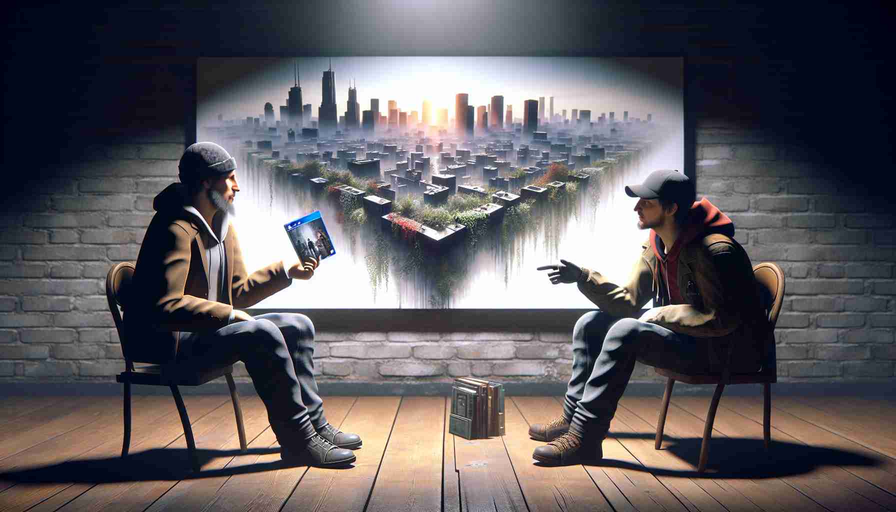 High definition, realistic image of two unidentified game enthusiasts engaged in a discussion about their preferred video game cover design, hinting at the aesthetic of an unnamed popular urban exploration video game.