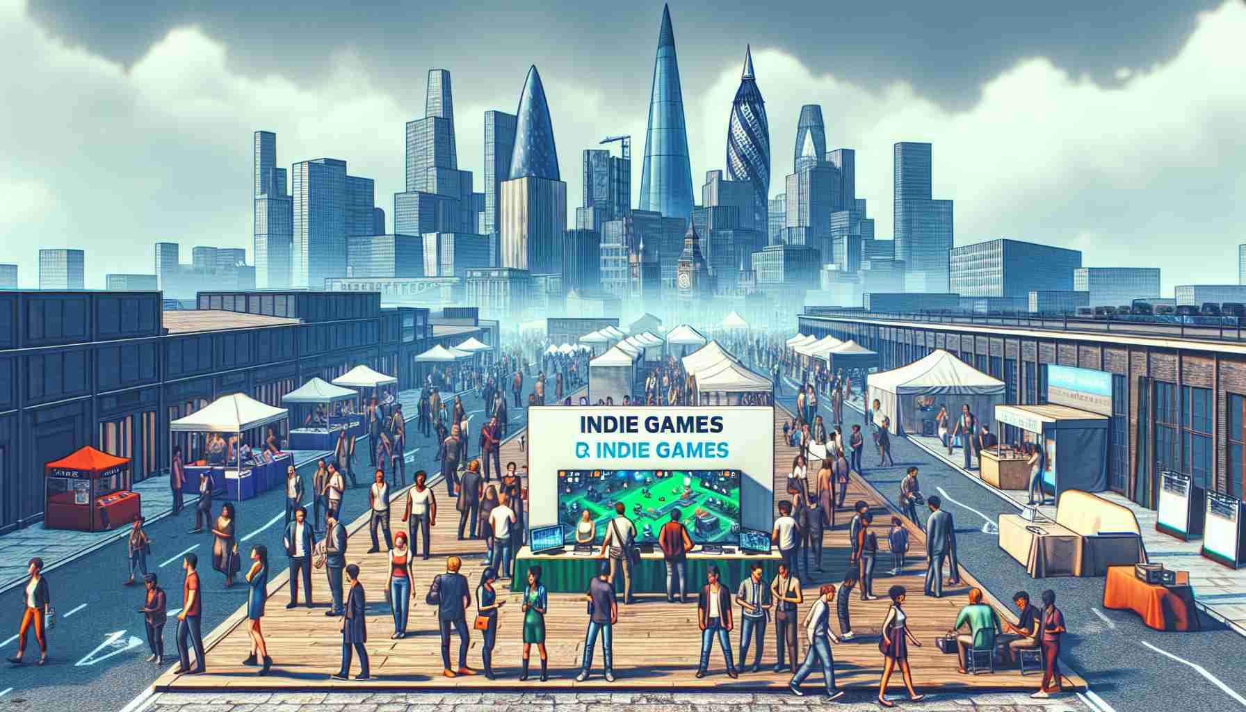 A realistic high-definition image of new indie games being showcased at a hypothetical conference similar to Pocket Gamer Connects located in a city resembling London. This image should include various game booths, people of mixed descents and genders enthusiastically demonstrating and testing these games, with the landmark architecture of the city subtly appearing in the background, indicating the urban setting.