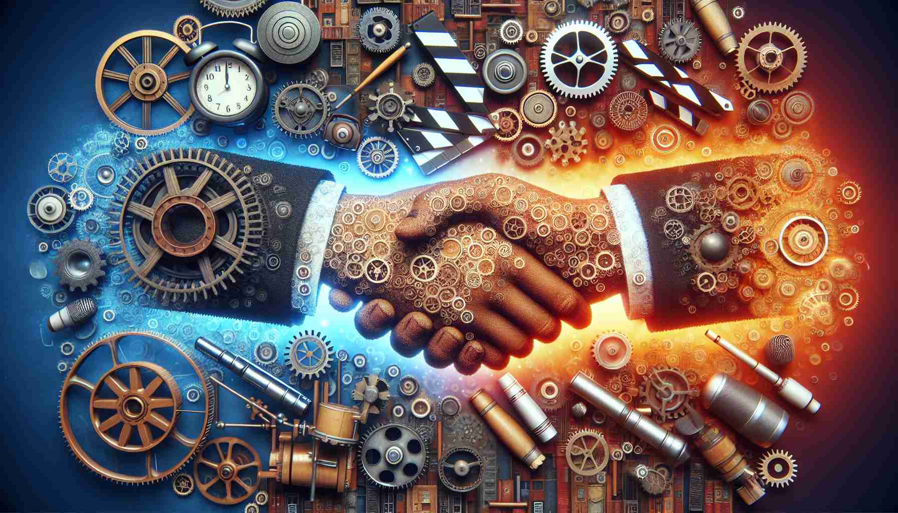 Generate a realistic high-definition image depicting a symbolic representation of a revolutionary collaboration between two large entertainment corporations. The scene can encompass the nodes of entertainment such as cinema clappers, film rolls, studio microphones, etc. alongside elements like firm handshakes symbolizing agreement and partnership, or two giant gears meshing together indicating synchronization and cooperation.