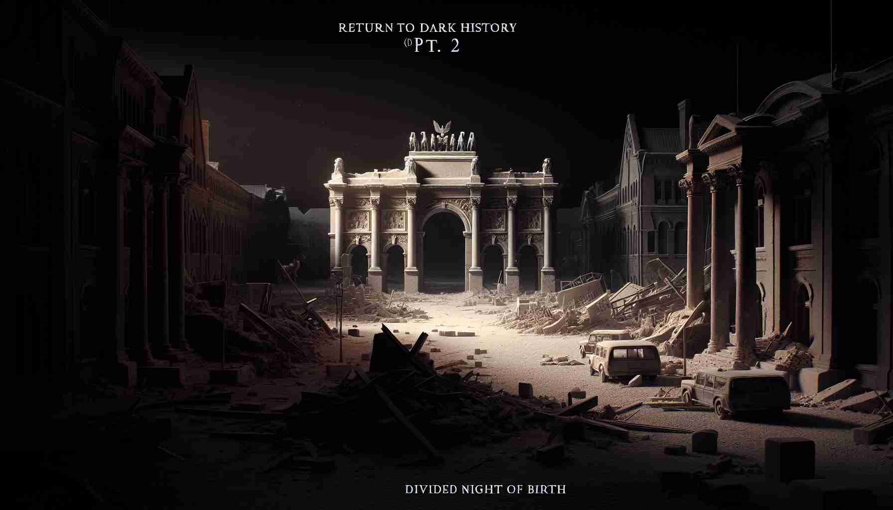 A realistic and high definition image that represents the concept of 'Return to Dark History: Divided Night of Birth Pt. 2.' This scene depicts the aftermath of a historical event during a dark night, showing a location that has experienced divisive moments. In the forefront are the remnants of past events left in the shadowy surroundings, with a distinct division between light and darkness. Delicate details and nuanced shadows add a haunting sense of realism.
