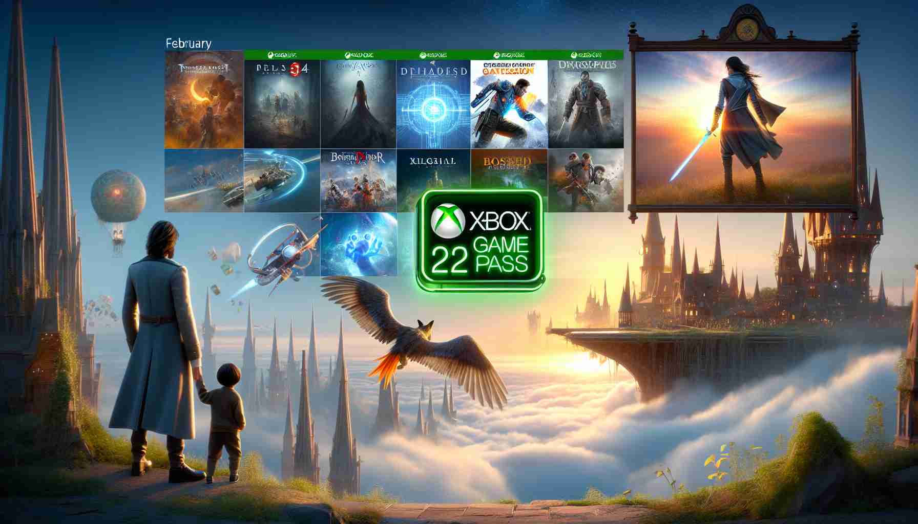 An HD image showing a realistic representation of new games available on Xbox Game Pass in February 2024