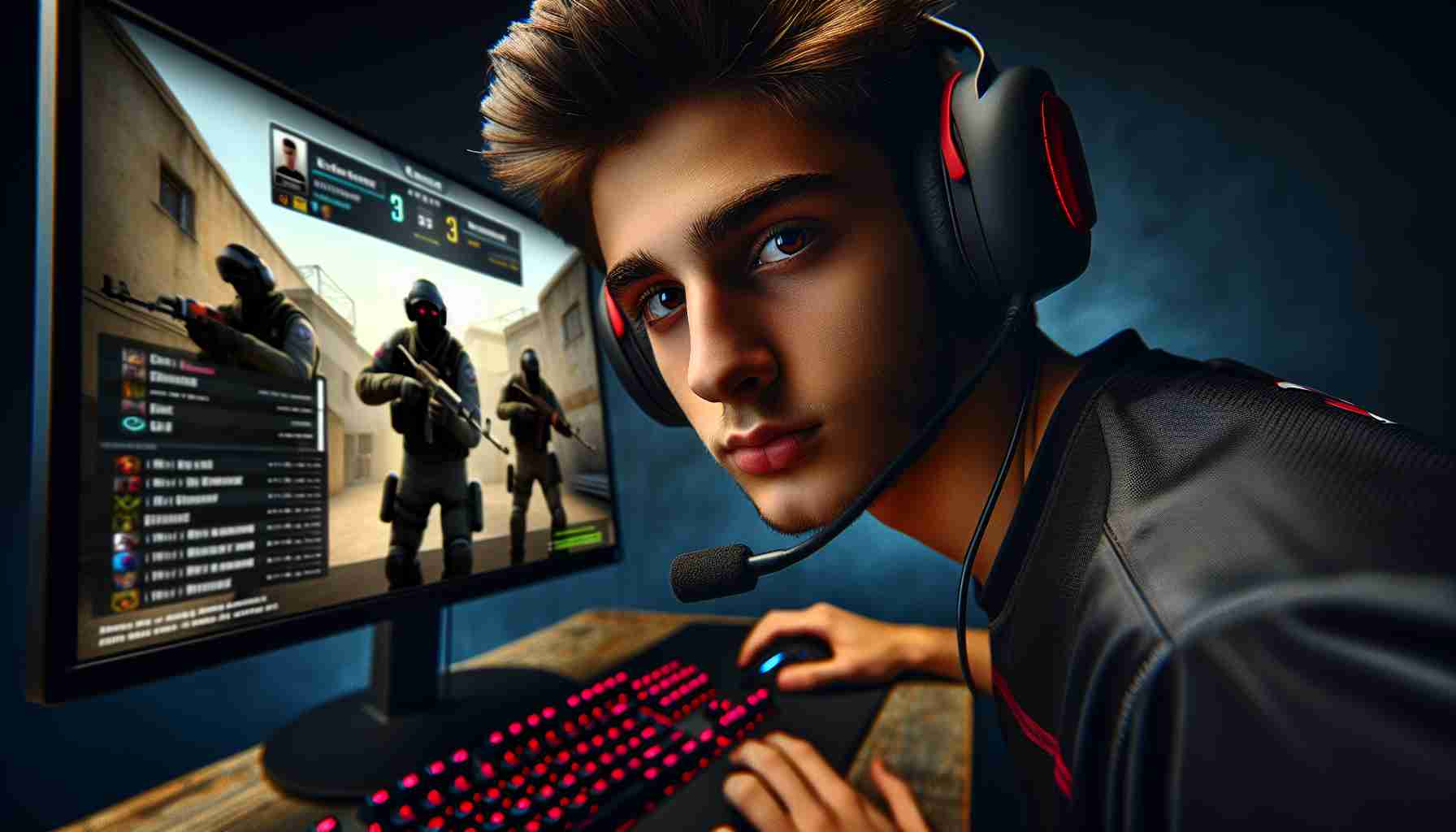 Realistic HD photo of an up-and-coming talent in the world of competitive gaming for Counter-Strike 2. The young player is characterized by striking determination in his eyes and an intense focus that is evident even in still images. The gaming equipment, specifically a keyboard and mouse, are in the immediate backdrop, with the screen displaying the game interface visible as well.