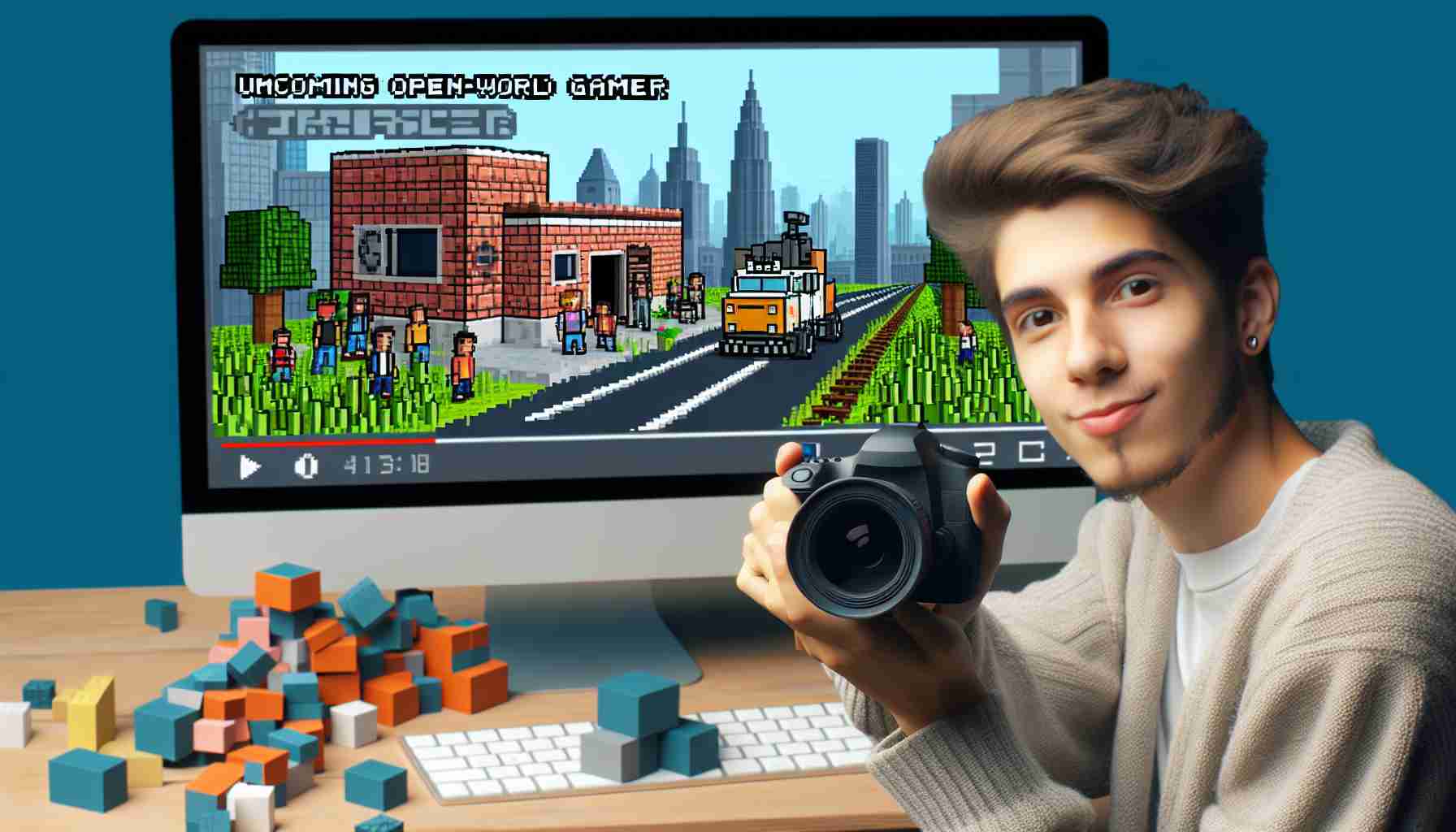 Generate a detailed image of a YouTuber posing in front of a computer screen, on which there is a simulated trailer of an imaginative upcoming urban open-world video game created within a pixel style block-based video game environment. Ensure a high level of realism and high definition quality in the image.