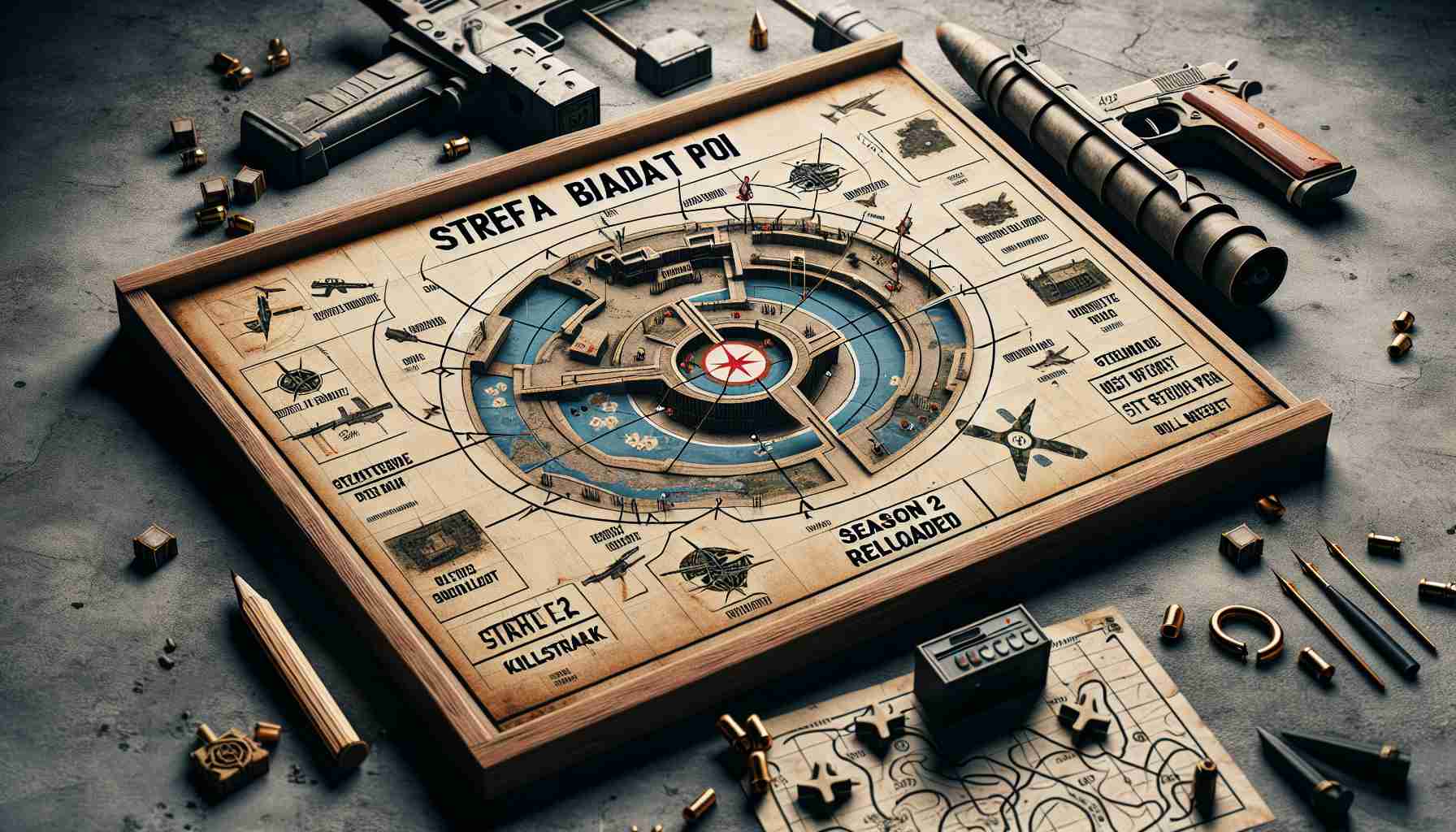 Create a photorealistic high definition image of a fictitious battle map labeled 'Strefa Badań POI', incorporating elements such as an underground bunker, strategic points of interest, a 'Buster Killstreak' marker, and more features commonly seen in a war strategy game. Imagine the scenery being part of a hypothetical 'Season 2 Reloaded' update of an unnamed popular combat video game.