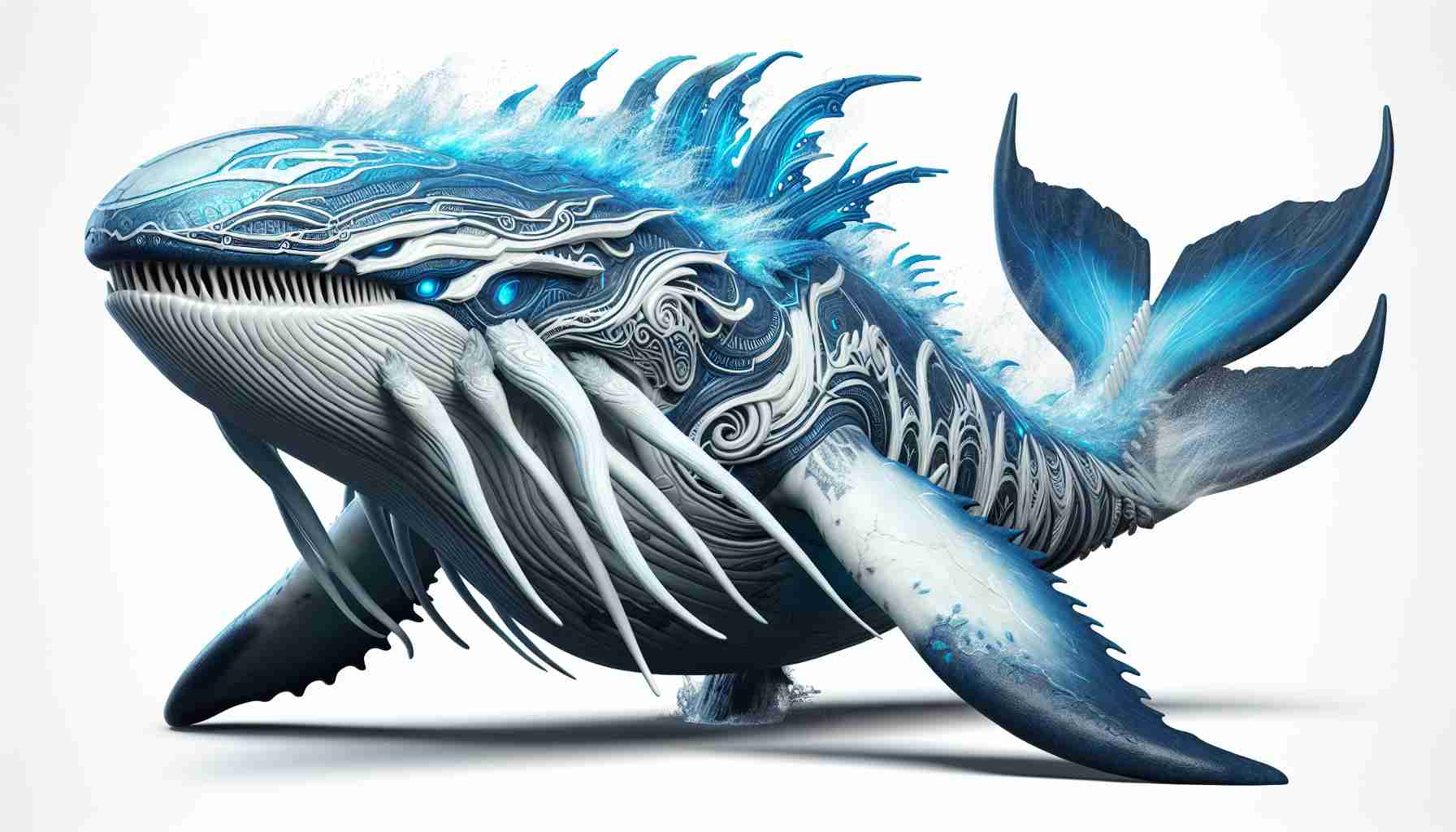Generate a high-quality, realistic image of a powerful, blue and white legendary aquatic creature from a popular monster-collecting mobile game. The creature should be mammoth-sized, shaped primarily like a killer whale, but with additional features like long, flowing 'feelers' or 'whiskers', and an ornamented body with detailed, ancient-looking markings. It should appear as if the creature is unleashing a wave of energy, signifying its immense power.