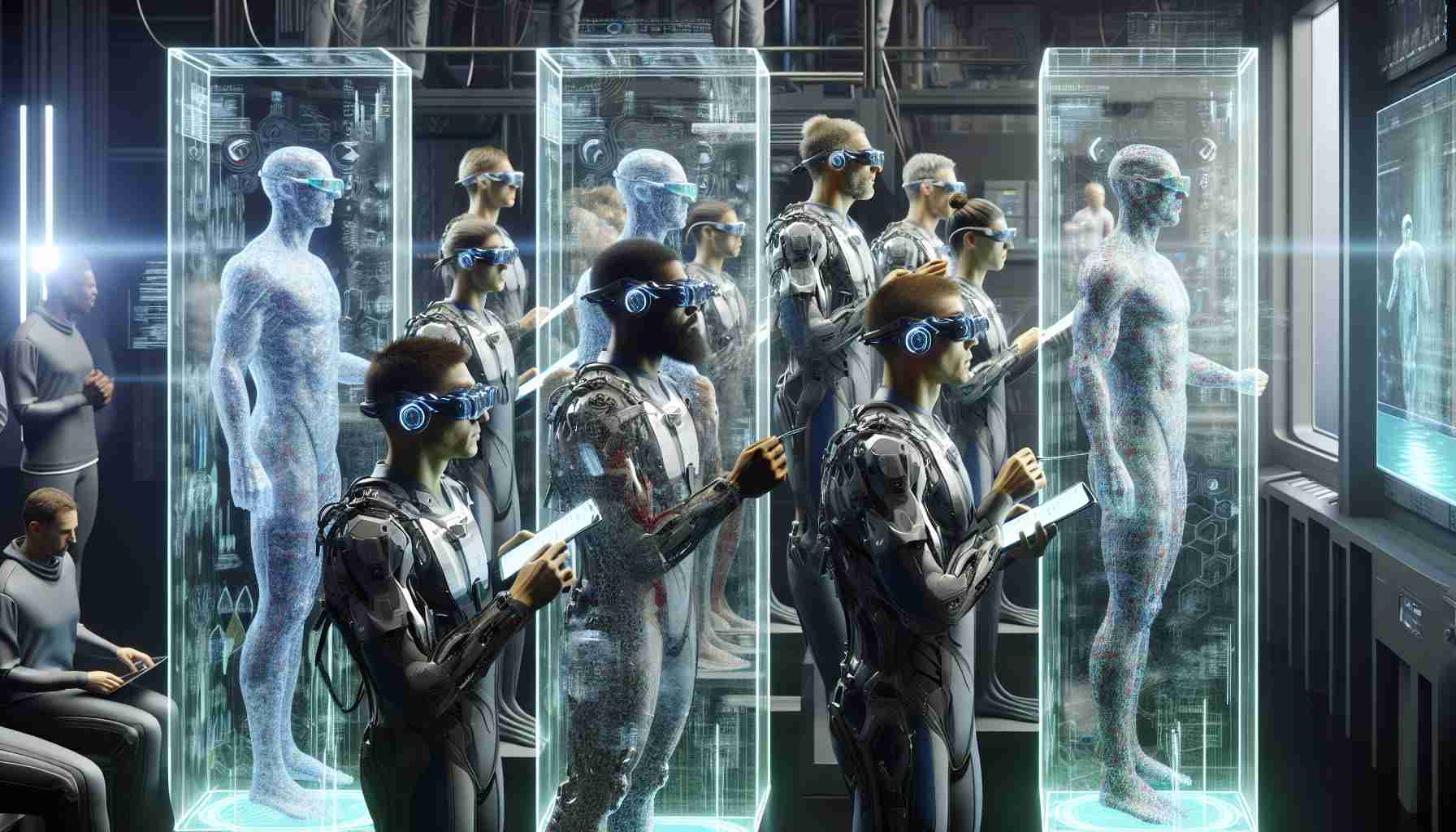 A high definition, realistic depiction of a group of swimmers, visualizing themselves of Australian descent, immersing in the complex world of virtual reality for achieving superior performance optimization. They are completely engrossed in analyzing their swimming techniques, their muscular exertions, their breathing patterns, and their lap times, all represented virtually. The environment suggests a state-of-the-art training room with high-tech VR equipment. They have goggles on their eyes, wired suits on their bodies, and virtual platforms representing water, indicating their swimming methods and strategies, all integrated into a VR system designed for their optimal performance.