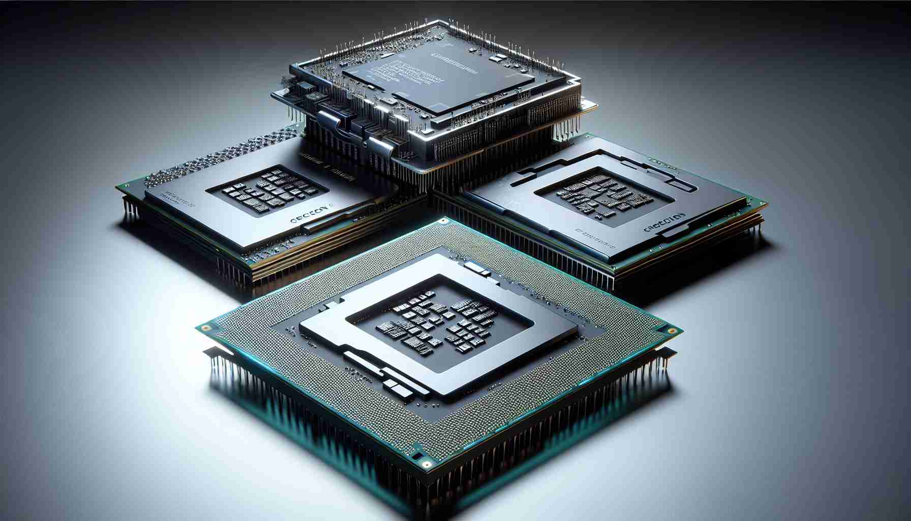 A realistic high-definition image of a set of upcoming processors, designed to improve computer gaming performance. Each processor is finely detailed, showcasing the intricate circuitry, pins, and identifiable markings. They are presented in a way that suggests they are prepared to revolutionize the gaming CPU market.