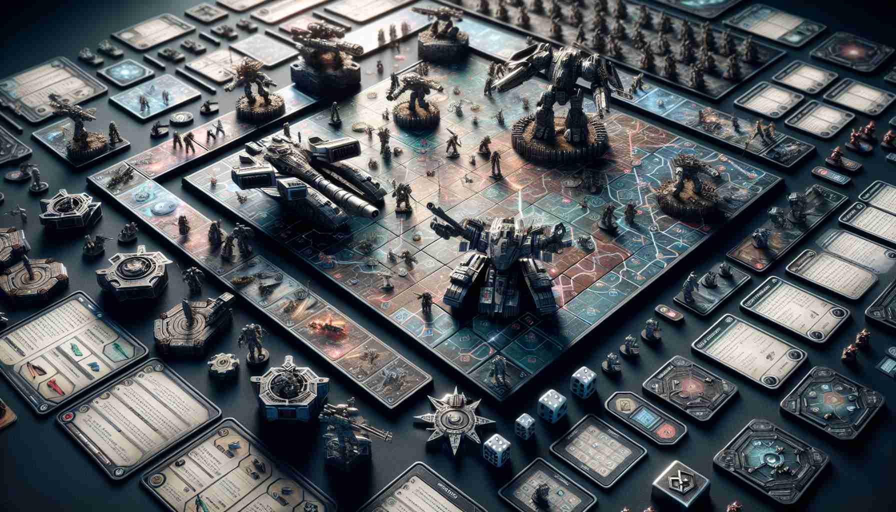 An extremely detailed and hyper realistic image of a strategy board game concept called 'Grit and Valor'. It features unique blend of conventional strategic elements with high-powered mechanized units. The scene shows a gaming board intricately divided into grids of play area, various military-style tokens representing different troops, and spectacularly designed mechanical warriors as key game pieces. Shining dice and playing cards with strategic instructions also are also visible.