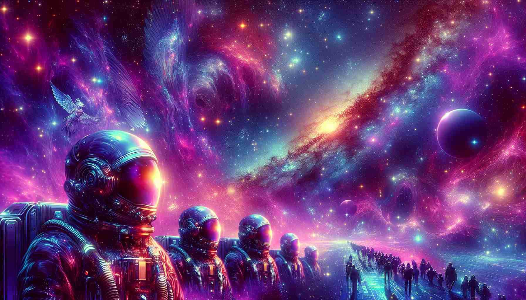 High-definition, intricate image of a cosmic journey across the interstellar space. Picture the vastness of the universe, further highlighted by the backdrop of a lesser-known galaxy. A gradient of purples and blues illuminating cosmic dust, with distant stars and astral bodies sprinkled throughout. Characters await to embark on a space-exploration adventure. Show the characters as East Asian, decked in high-tech spacesuits, reflecting the glow of the vibrant cosmos in their helmets.
