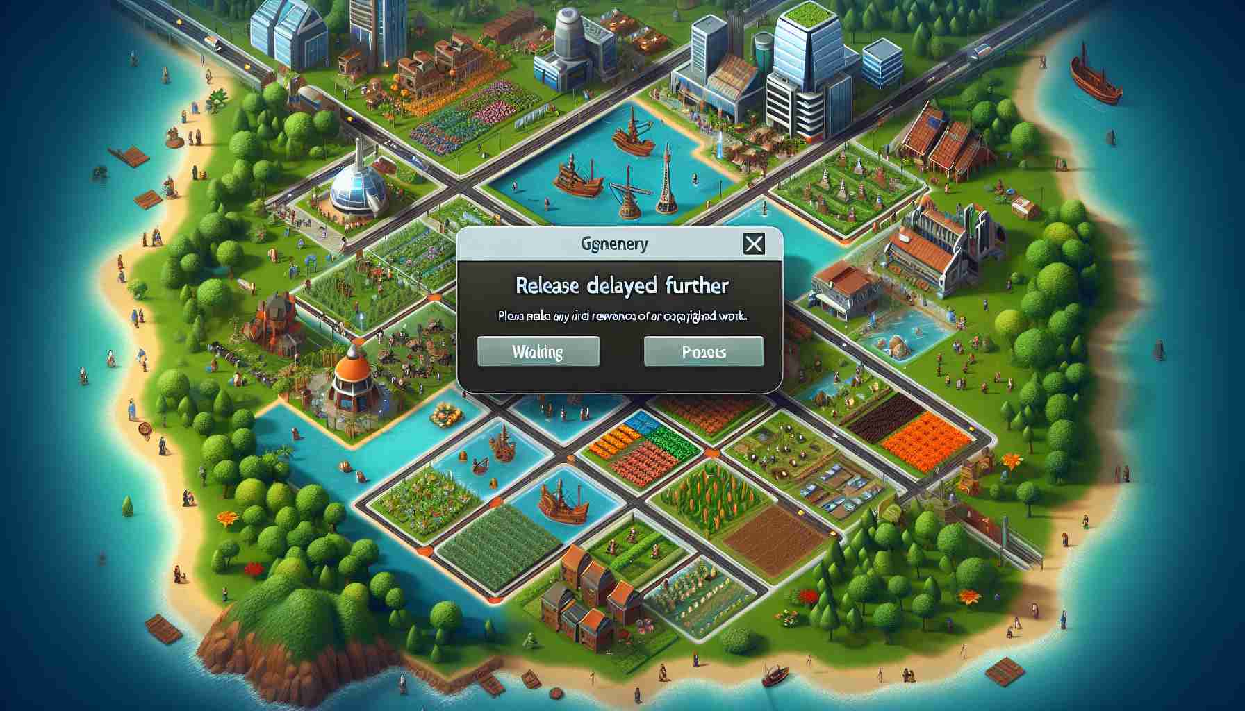 Generate a visually engaging and realistic high definition image of an overhead view of a life simulation game interface, showing various characters and elements like buildings, landscapes and resources, implied to be from a delayed release. Please include a message on the screen stating, 'Release Delayed Further'. However, do not make any direct or indirect reference to any specific game company or their copyrighted work.