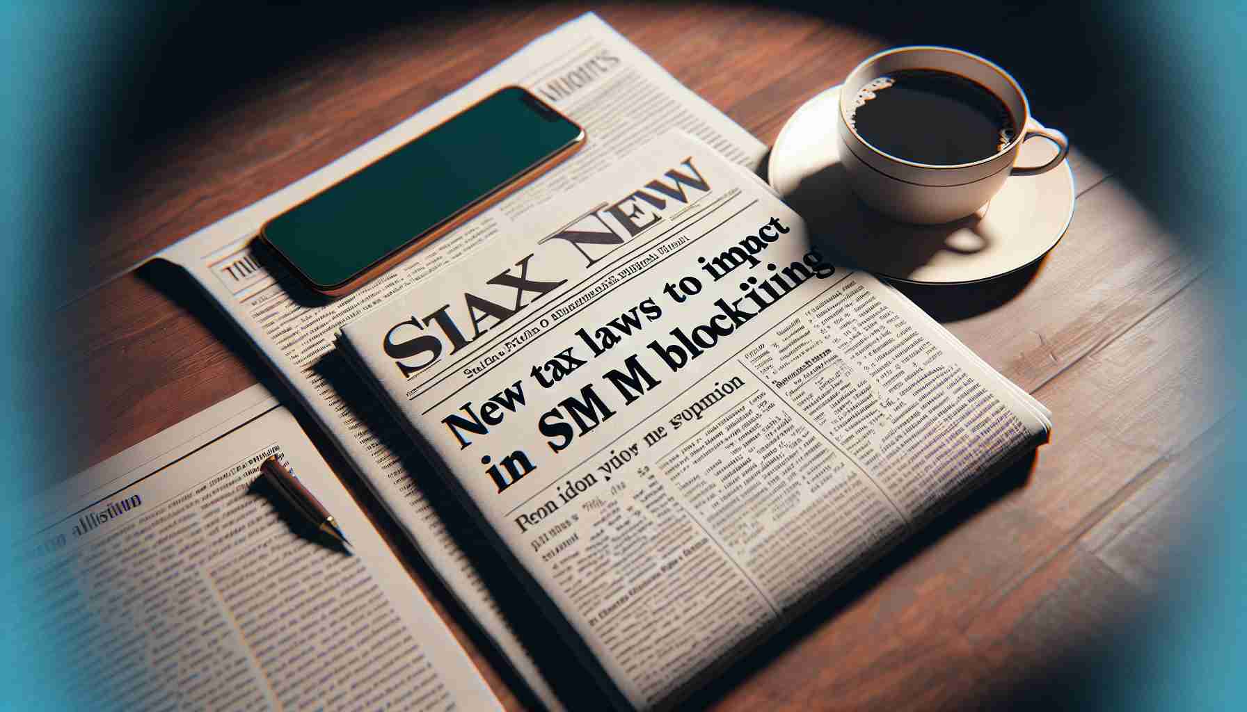 Generate a realistic HD image depicting a newspaper headline saying 'New Tax Laws to Impact SIM Blocking in Pakistan'. Set the scene to a table with a cup of coffee and the paper opened to the pertinent page. Make sure the lighting is comfortable, symbolising a usual morning read. Include glimpses of the article text below the headline, but keep the focus on the headline itself.