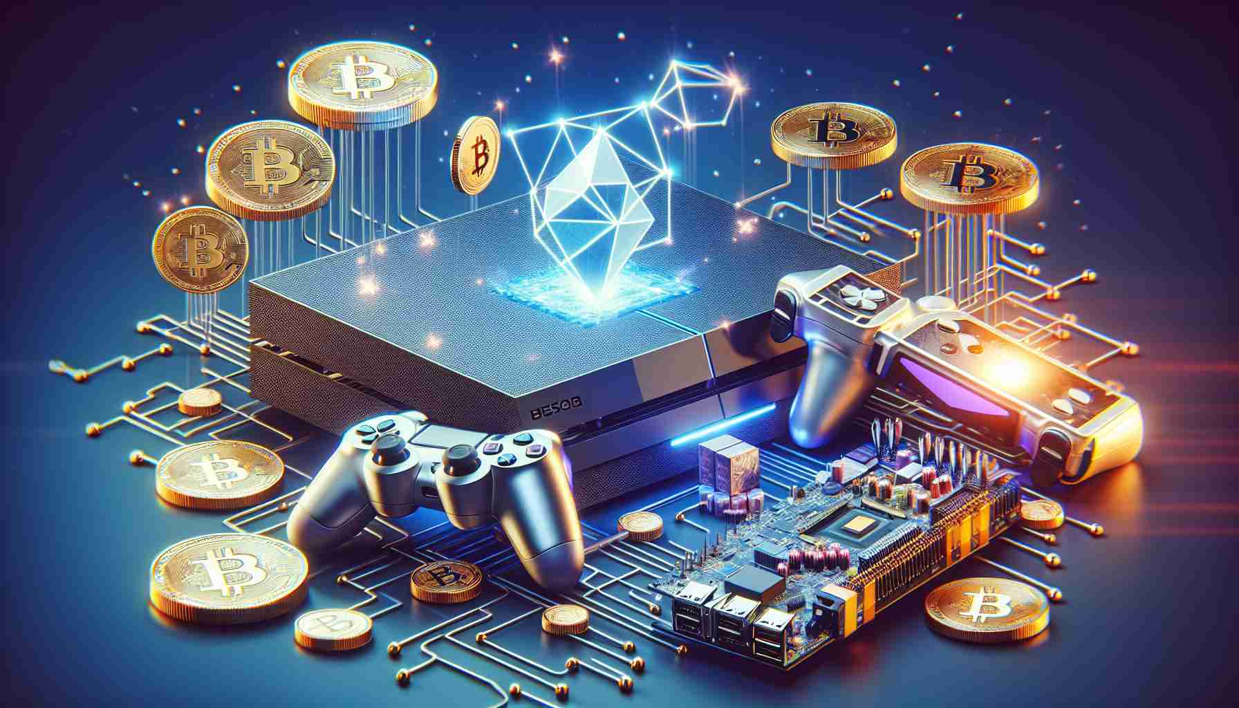 Create a high definition, realistic image illustrating the concept of a famous video game console brand venturing into blockchain gaming. Provide a hint of cryptocurrency and decentralized systems integrated within the gaming setup. Please avoid using explicit brand symbols, instead represent it through the styling of the console and controller.