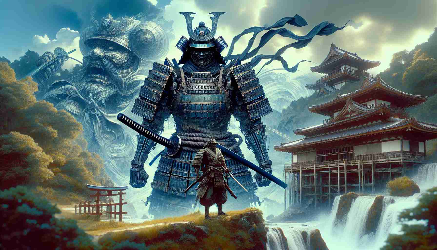 Generate a hyper-realistic image in high definition of a samurai armored figure set against a backdrop of a beautiful, ancient Japanese landscape, overlaid with an image of a detailed, mythological figure that embodies war, perhaps a warrior with a large helmet and weapons. Picture the scene as if retold through the lens of a modern gaming console.