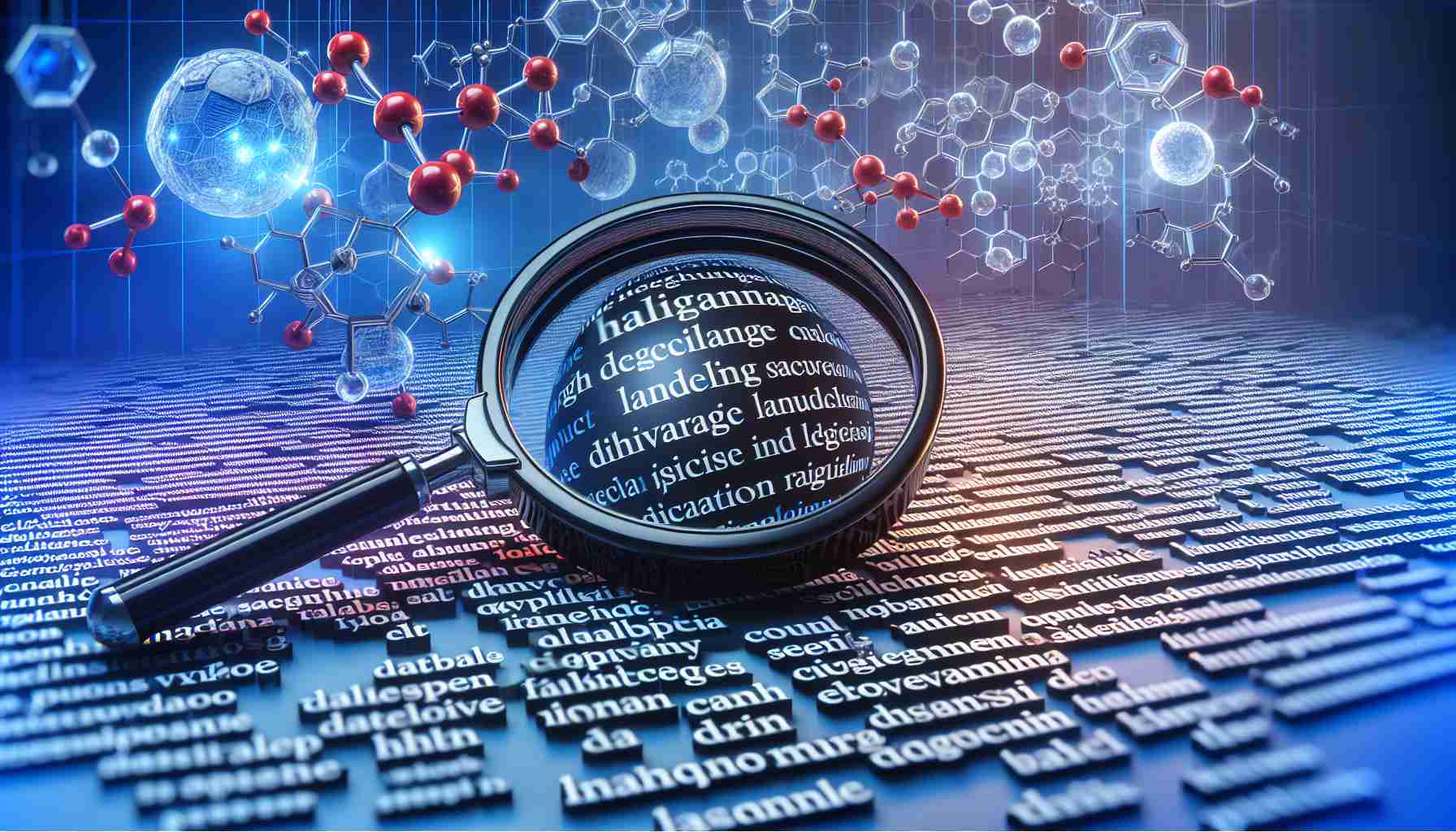 A high-definition, realistic style image of a visual representation conceptually relating to the progress of drug discovery via language modeling. This could involve a scene such as a magnifying glass inspecting a line of text filled with relevant terms, with a backdrop suggestive of molecular modeling and drug design.