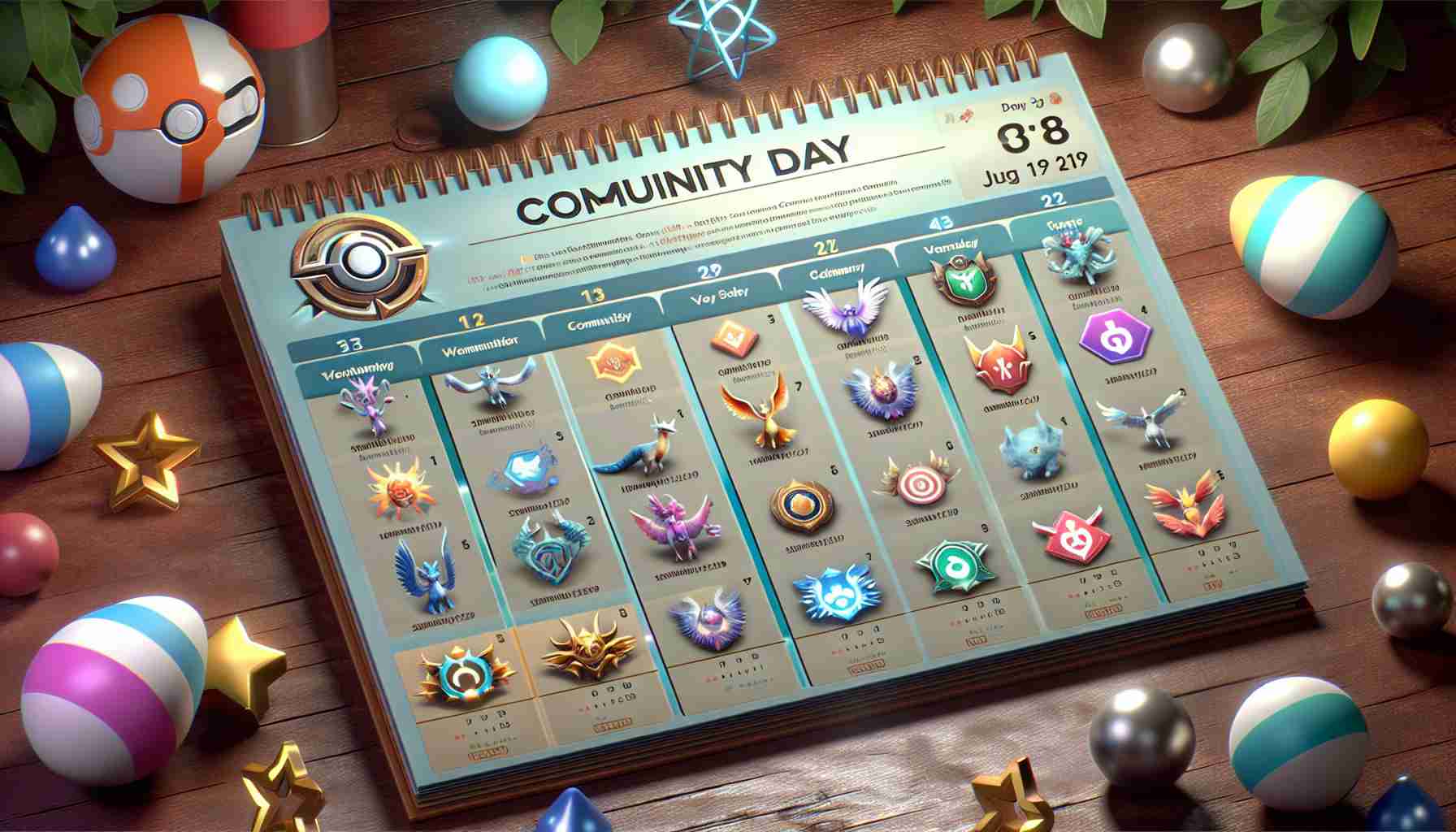 A realistic high-definition image showcasing a calendar that displays the schedule of a popular augmented reality mobile game's Community Day. The calendar is marked with symbols, dates, and colorful illustrations related to the game. The game has a theme of collecting and training mythical creatures based on an internationally popular franchise.