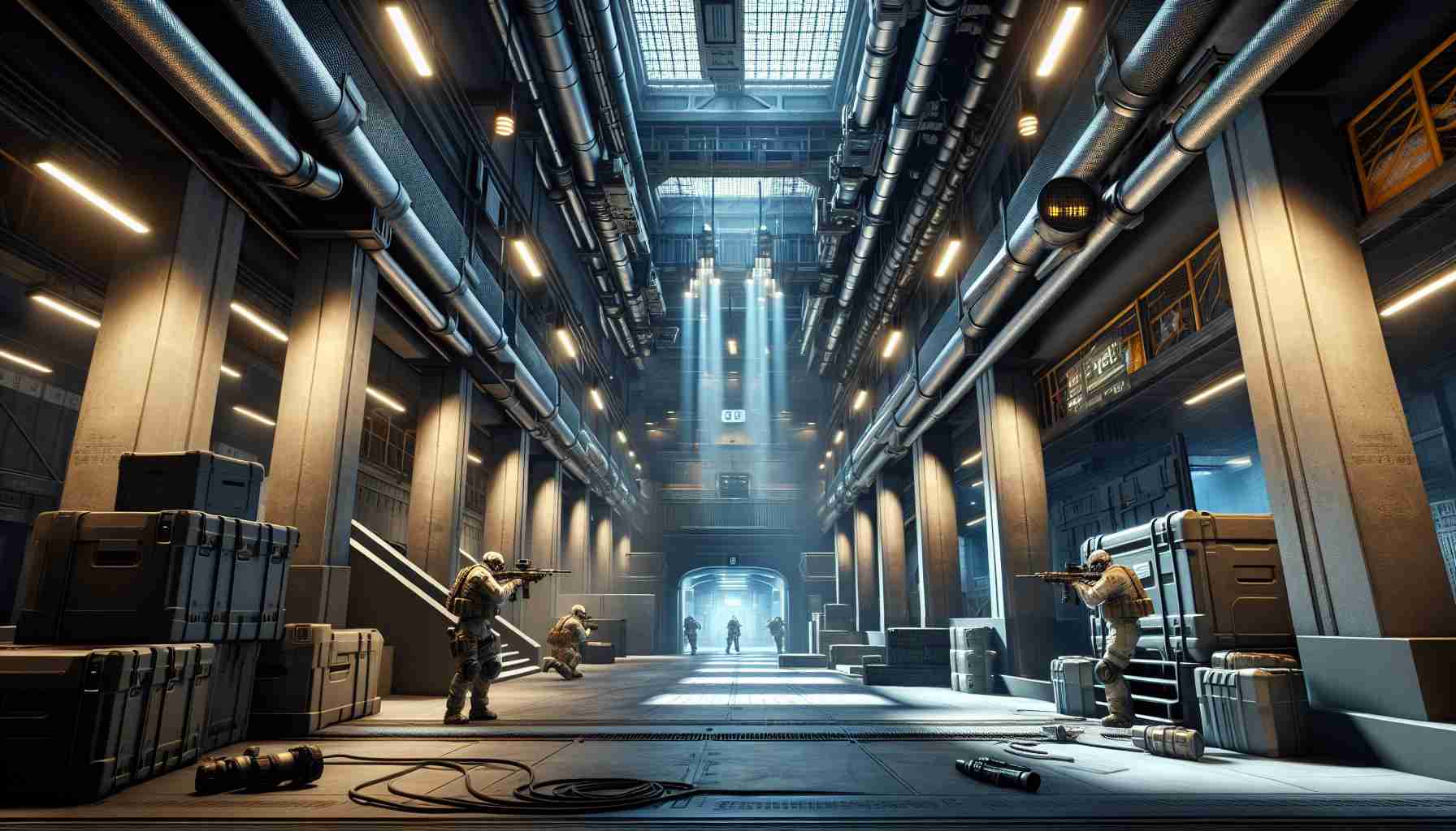 A highly detailed and realistic image showing the scene of a video game set primarily designed for Search and Destroy Mode. The image should depict a competitive environment with professional gaming elements such as strategically positioned cover objects, narrow passages, defensible positions, and points of interest relevant to the mode. Provide a glimpse of the dynamic atmosphere reminiscent of games like Counter-Strike. The scene should be infused with modern, tech-infused aesthetics, but refraining from referencing any specific game titles or copyrighted elements.
