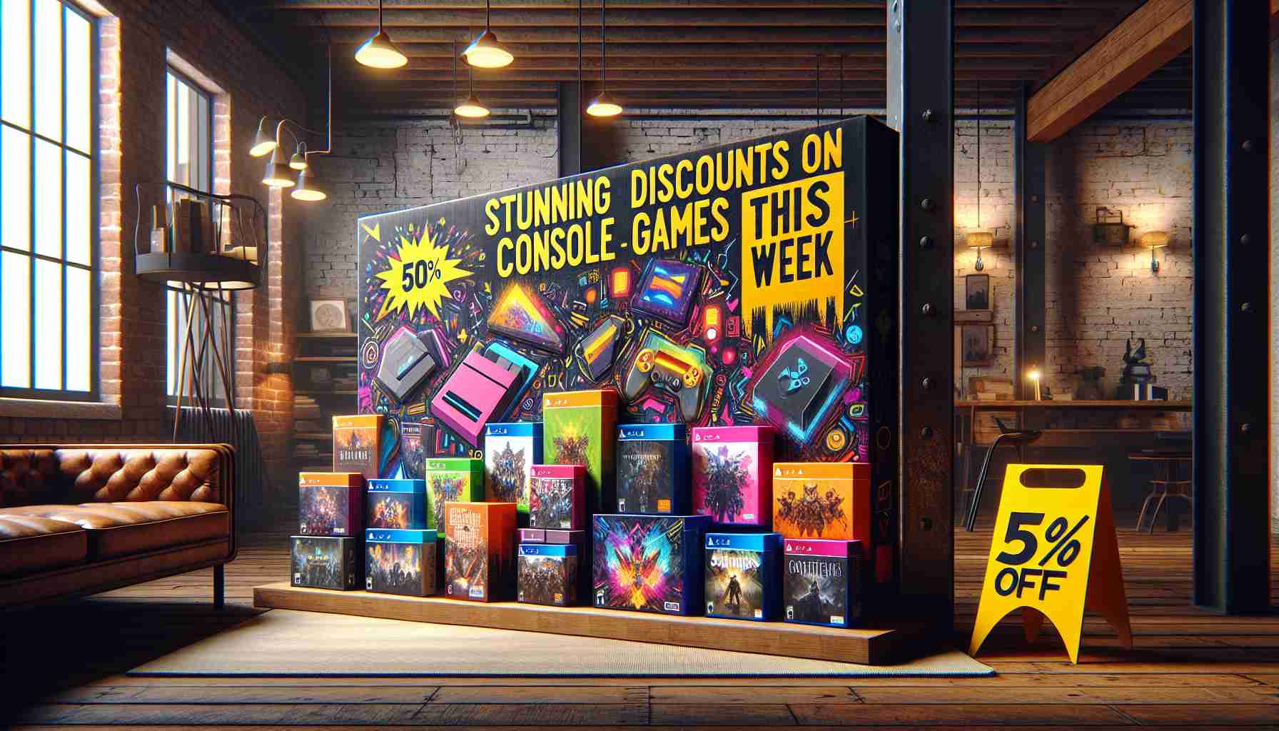 An image visually representing exciting discounts for video games compatible with a popular gaming console this week. It includes the title 'Stunning Discounts on Console Games This Week', a loft-style background with vintage brick walls and wooden floors. Displayed game boxes are abstract, showing different vivid colors, fictional game titles, and abstract artwork. No actual game titles or logos are present. A bright yellow sale tag showing 50% off overlayed on the game boxes, and a countdown timer nearing its end symbolizing the limited time of the offers.