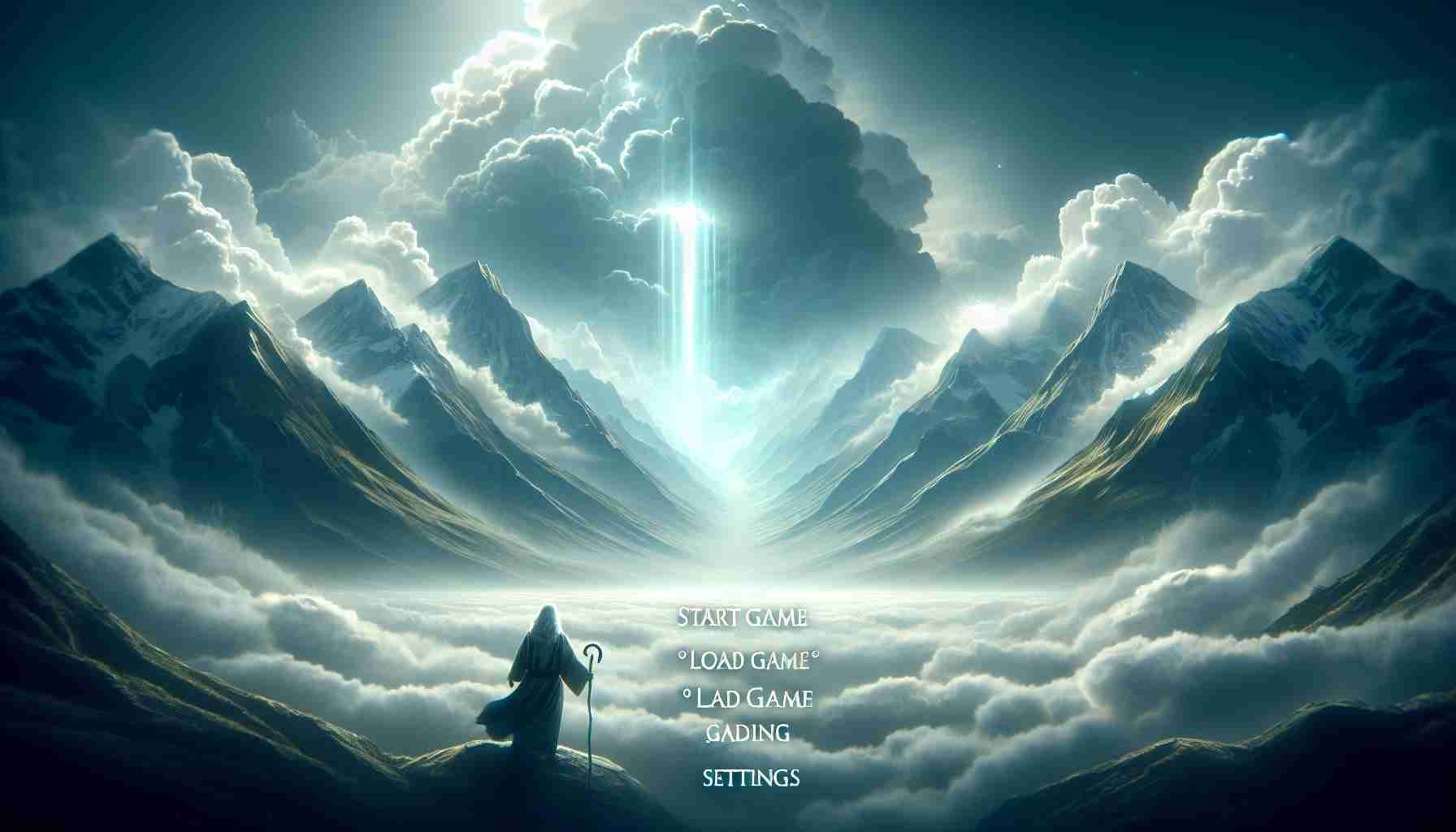 Generate a realistic, high-definition image representing the main menu of an inspirational video game rooted in biblical stories. The menu features a backdrop of majestic mountains, with an ethereal light piercing through a cloudy sky, suggesting divine presence. In the foreground, there is a silhouette of a biblical character, holding a shepherd's staff, eyeing a journey ahead. A clear, navigable text menu with options like 'Start Game', 'Load Game', 'Settings', etc. is prominently displayed.