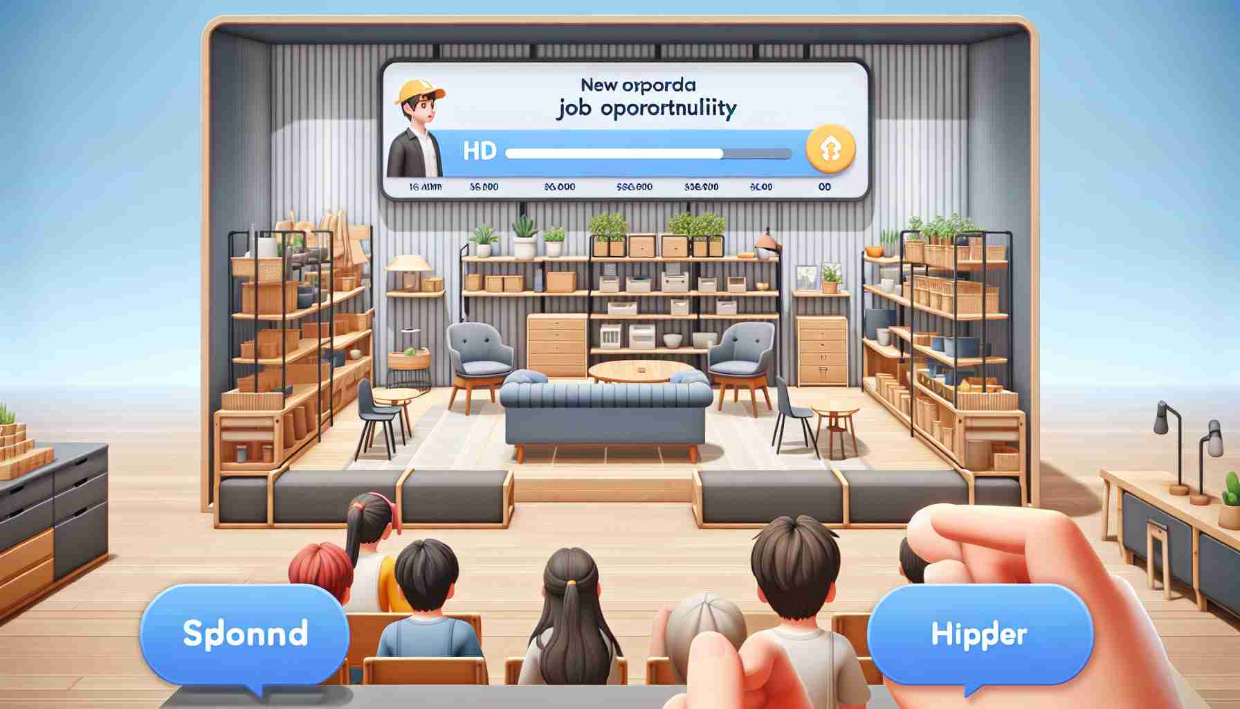 Create an HD image of a virtual store set in an open world game, designed in Scandinavian style. It is a new opportunity for job seekers, showing the well-organized aisle, efficient use of space with simple, functional and affordable furniture. There are variety of items like couches, tables, bookshelves and more globally inspired goods. Include virtual avatars in the scene, looking excited about the potential job opportunities.
