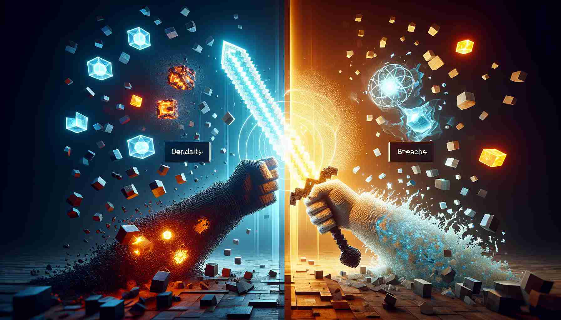 Render a realistic High Definition illustration displaying the choices between 'Density' and 'Breach', two imaginary Minecraft 1.21 Mace Enchantments. Create a split screen image. On one side, visualize a user wielding a densely glowing mace illustrating the 'Density' enchantment. On the other, depict a mace tearing through an ethereal barrier symbolizing the 'Breach' enchantment. Include descriptions or symbols hinting at their respective abilities. Make sure the game's blocky aesthetics are maintained throughout the representation.
