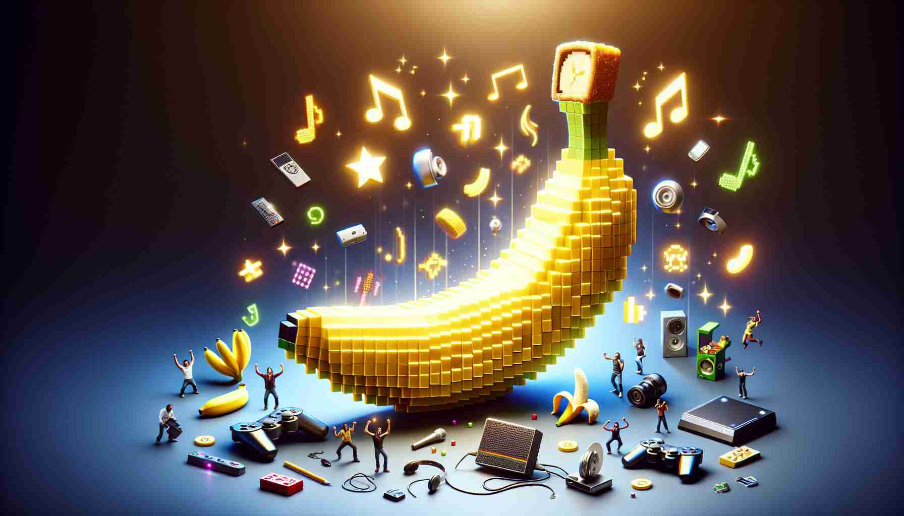Generate a high-definition, realistic image of a successful video game symbolized by a banana. The banana might be glowing or decorated with pixelated designs to represent the gaming aesthetic. Include elements of success such as cheering fans, triumphant music notes floating in the air, or gaming consoles and accessories scattered around in the background. Ensure that the lighting and overall composition conveys a cheerful and victorious atmosphere.