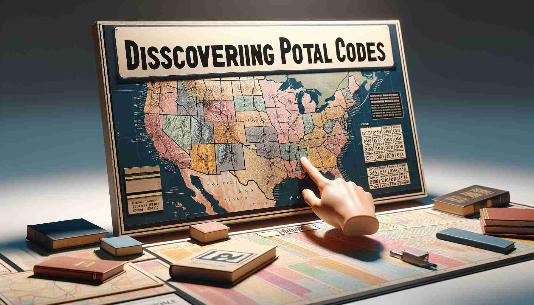 A high-definition, realistic image depicting the importance of understanding postal codes. It can show a map with different postal code regions highlighted and identified. A hand can be seen pointing towards a specific postal code region, and there might be educational materials such as books or charts around the map discussing postal codes. Bold lettering could be added either on a signage or directly on the map to illustrate the phrase ‘Discovering Postal Codes’. It can capture an educative ambiance suitable for any demographic keen to gain knowledge about postal codes.