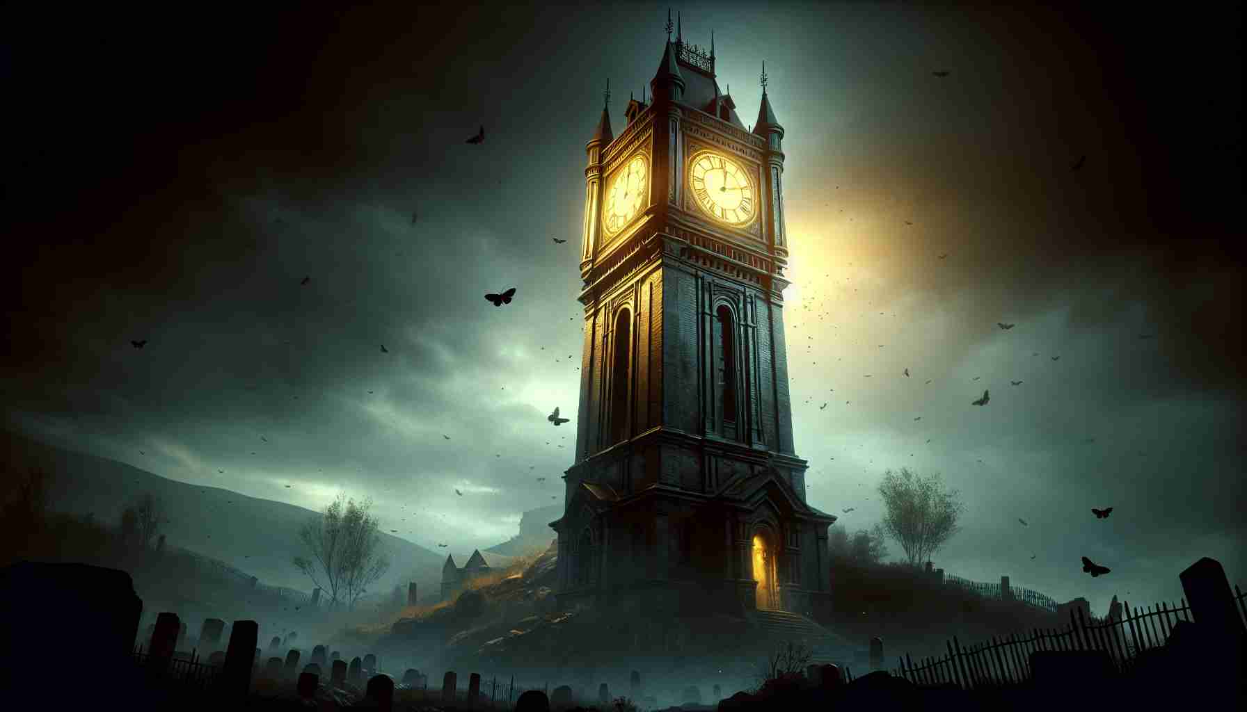 Realistic high definition image of an ominous clock tower. It is an illustration of a legendary, classic survival horror video game now being released on a popular digital distribution platform. The tower stands tall and imposing, an architectural design from the Victorian era with intricate details. Moths fly around the only light source - a yellowish glow seeping out from the clock face. The landscape is shrouded in darkness, creating an eerie ambiance that reflects the terrifying nature of the game.