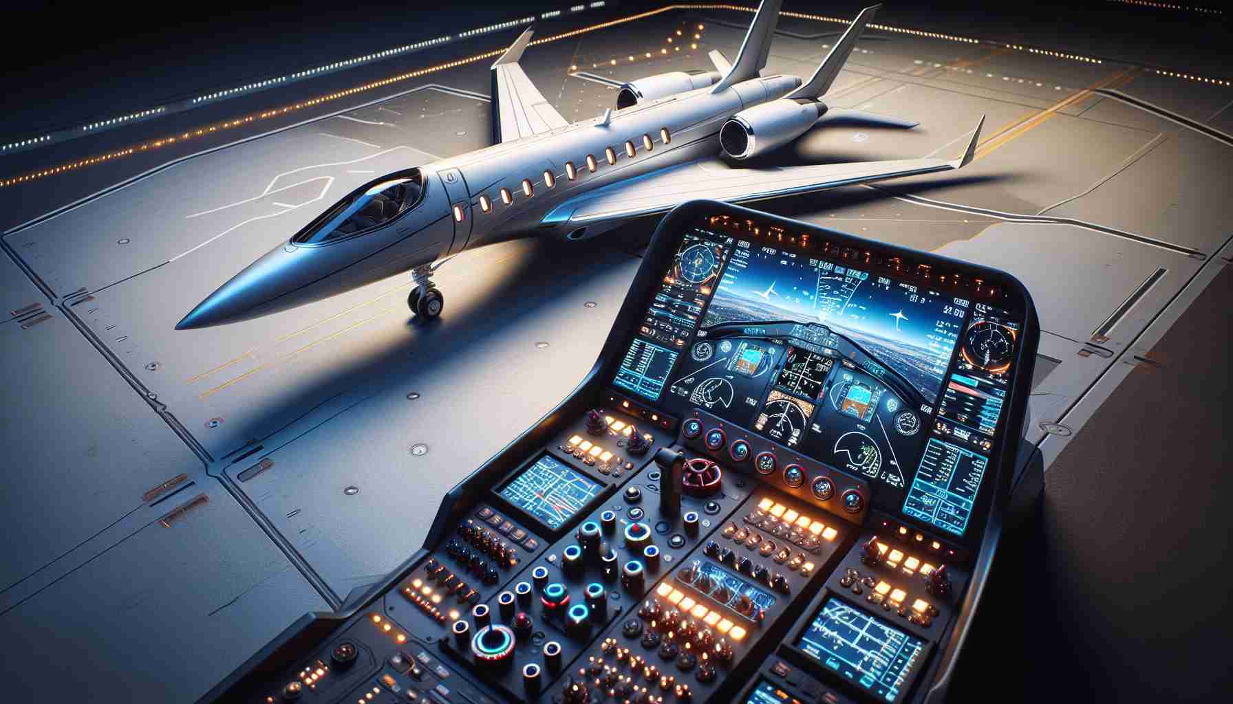 Generate a detailed, HD image of a realistic yet conceptually new airplane developed for a general flight simulation game. The aircraft is cutting-edge, beautifully designed with streamlined aerodynamics and high-tech controls. Include the view of the interior and exterior, illustrating the immersive and thrilling gaming experience it would provide to the gamers.