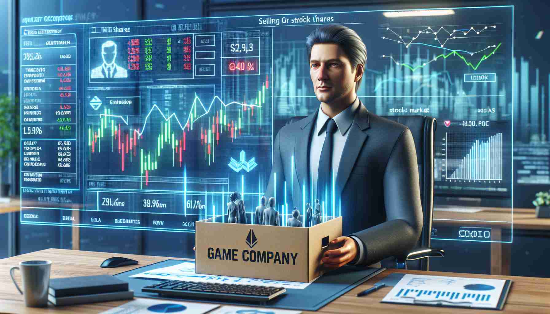 Realistic high-definition image of a generic chief financial officer from a fictional game company, showing trading activity by selling stock shares. The scene unfolds in a modern office, with diagrams, stock market charts, and company logos in the background.