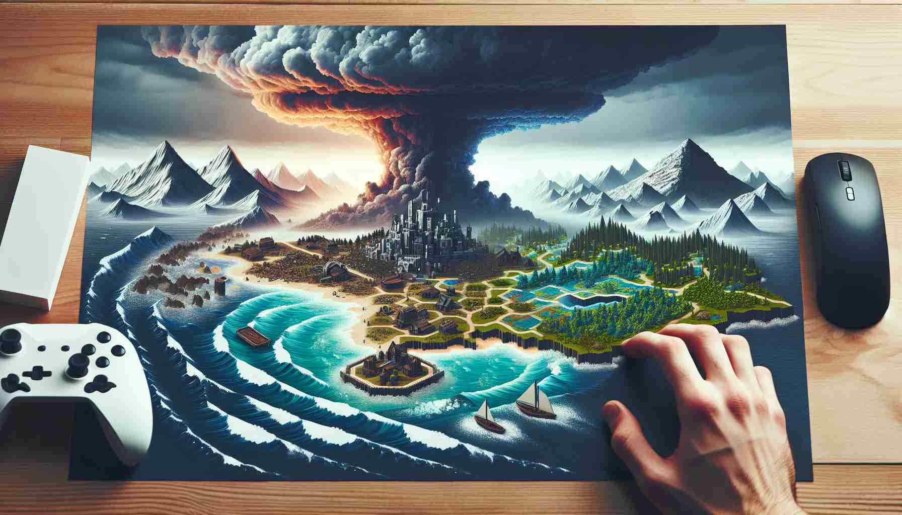 Generate a graphic representation of a hypothetical future gaming landscape, featuring an island with diverse terrains like forests, mountains, and a city, and a giant, ominous storm closing in, symbolizing a hypothetical season change in a popular multiplayer game.