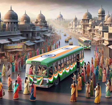 A realistic high-definition image displaying the scene of Andhra Pradesh, where free bus rides are being provided for women. The time is Independence Day, signifying a festive moment. The buses are decorated with tri-color ribbons, signaling the celebration of national spirit. The women, of various descents such as South Asian, Middle-Eastern, and Caucasian, are happily boarding the buses, reflecting the joy of the occasion. The landscape backdrop reveals the unique architecture and vibrant culture of the region. The streets are bustling with activity with vendors selling flag-themed merchandise, signifying commemoration of the day.