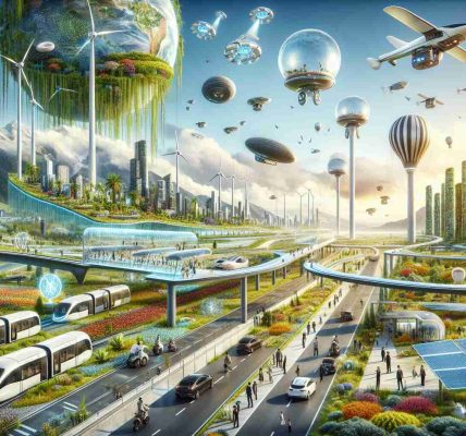 Generate a high-definition, realistic image representing the future of sustainable travel. Show a landscape filled with green technologies like solar panels and windmills, and infrastructure for electric vehicles, bulbs and monorails, all set against a backdrop of untouched, vibrant nature. In the sky, depict advanced drones and airships powered by renewable energy. On the horizon, show a city blooming with vertical gardens and green rooftops, demonstrating a blend of architecture and nature. Include illustrations of people of all genders from Caucasian, Hispanic, Black, Middle-Eastern, and South Asian descents using these facilities, signaling a future that embraces new horizons.