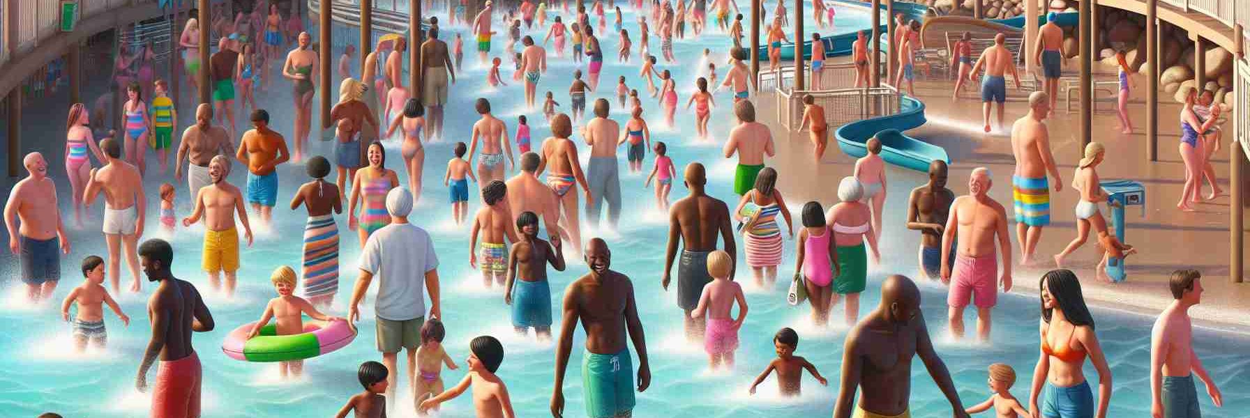 Create a high-definition, realistic image depicting a scene at a water park. Weaved within this lively scene, design subtle signs or displays reinforcing the importance of safety regulations and preventive measures. For diversity, the visitors should range from children to the elderly and possess an array of physical attributes, reflective of various descents such as Caucasian, Hispanic, Black, Middle-Eastern, South Asian, etc. The tone of the scene should encourage fun but also a sense of responsibility towards oneself and others.