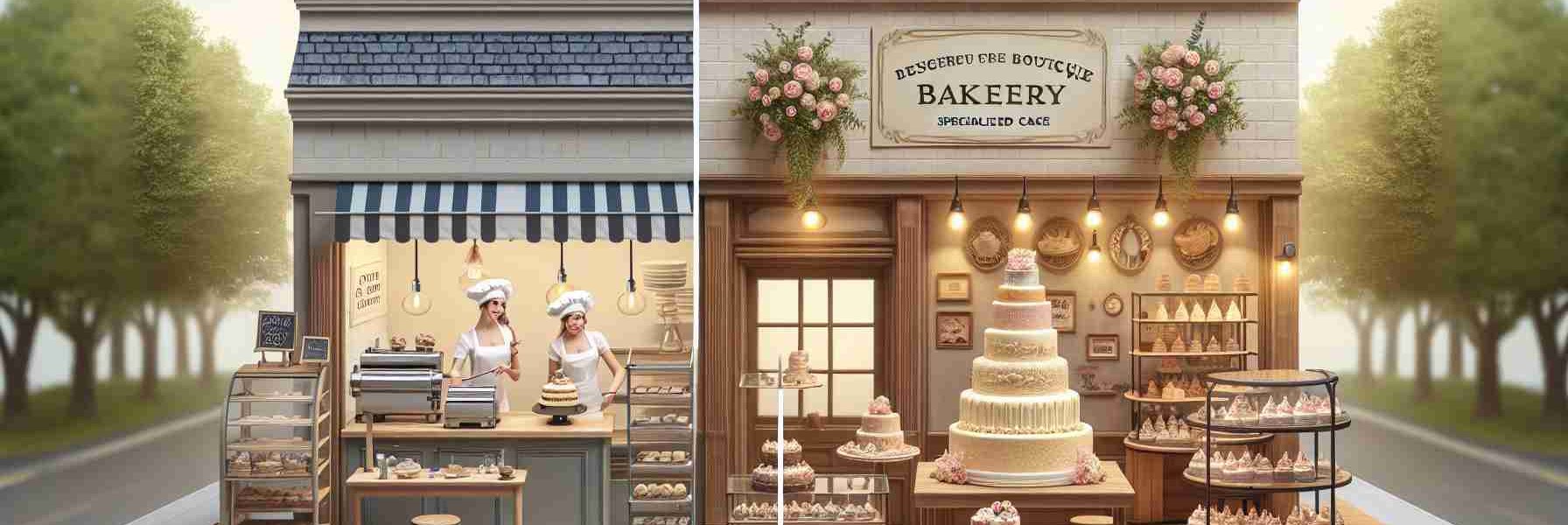 Generate a high-definition, realistic image showcasing the transformation of a boutique bakery specialized in cakes. Note the evolution from a small, charming establishment to a grand, upscale shop. There should be before and after side-by-side comparisons: a quaint, little store with minimal equipment to a luxurious shop filled with state-of-the-art baking machinery, exquisite cake displays, and an ambiance of elegance and sophistication.