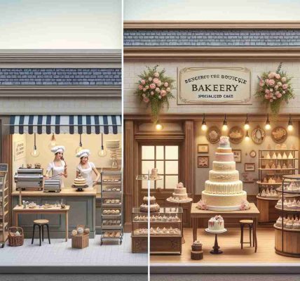 Generate a high-definition, realistic image showcasing the transformation of a boutique bakery specialized in cakes. Note the evolution from a small, charming establishment to a grand, upscale shop. There should be before and after side-by-side comparisons: a quaint, little store with minimal equipment to a luxurious shop filled with state-of-the-art baking machinery, exquisite cake displays, and an ambiance of elegance and sophistication.