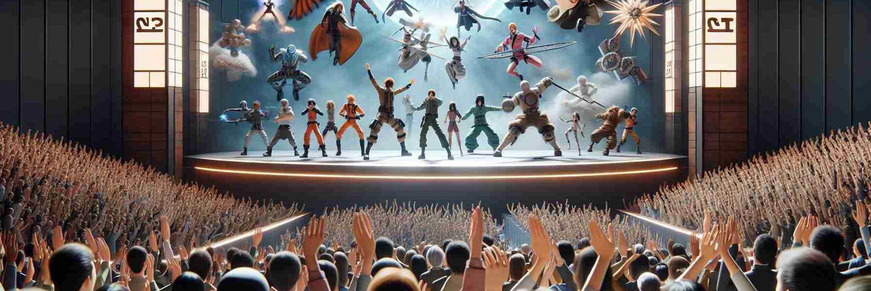 A high-definition, realistic image showcasing the exciting moments from a large, non-specific 2023 fan event. The scene includes enthusiastic fans, captivating stage set-ups, and the reveal of new, imagined animation characters. Characters of diverse origins perform on stage, gripping the audience with their dynamic performances.