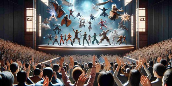 A high-definition, realistic image showcasing the exciting moments from a large, non-specific 2023 fan event. The scene includes enthusiastic fans, captivating stage set-ups, and the reveal of new, imagined animation characters. Characters of diverse origins perform on stage, gripping the audience with their dynamic performances.