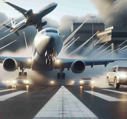 High-definition, realistic visual representation of a sudden, unexpected turn causing a near-miss situation at a nondescript, large international airport. Focus on depicting the tense atmosphere, with aircrafts narrowly avoiding a collision.