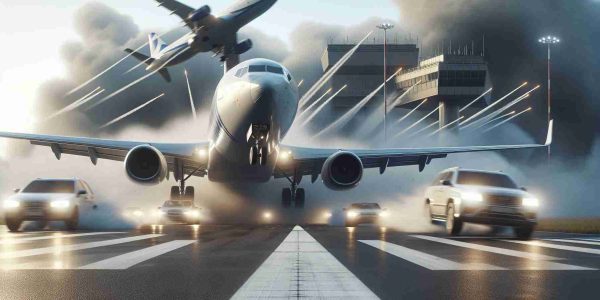 High-definition, realistic visual representation of a sudden, unexpected turn causing a near-miss situation at a nondescript, large international airport. Focus on depicting the tense atmosphere, with aircrafts narrowly avoiding a collision.