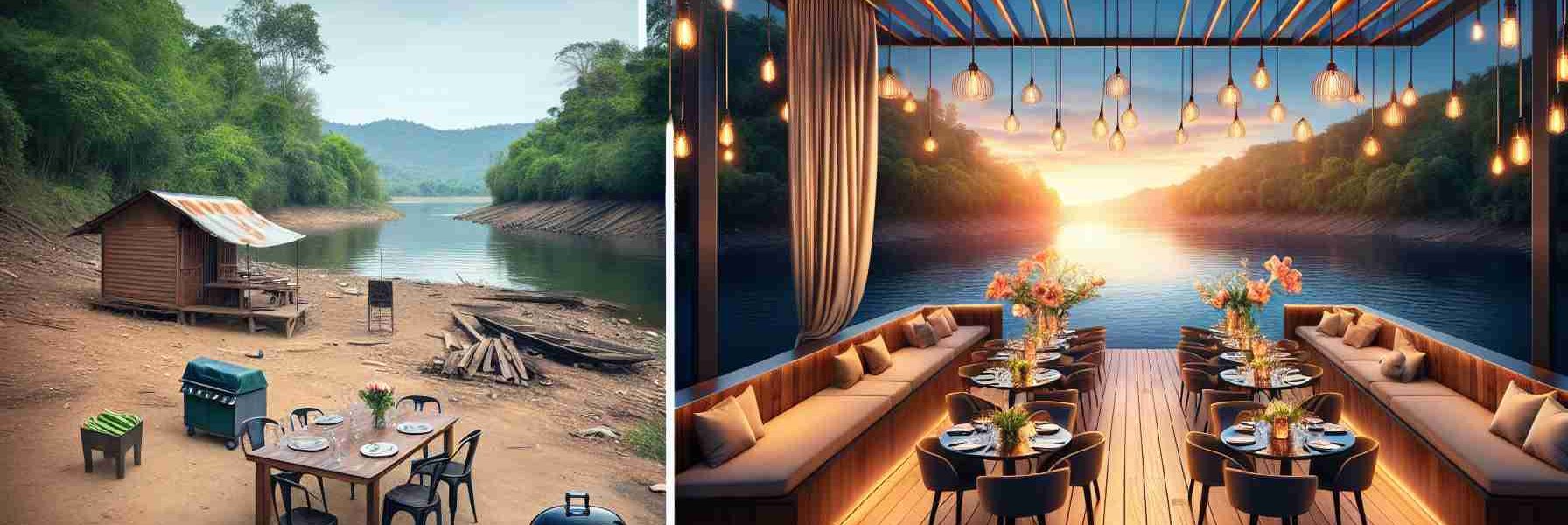 Create a realistic HD photo that represents the transformation of a riverside dining experience. The image could show a before and after scenario side by side. The 'before' picture might consist of a simple picnic setup on an unrefined riverside, with a few chairs and a table set up, perhaps a grill nearby and a simple cloth canopy for cover. The 'after' picture could depict an upscale outdoor riverside restaurant setup with sophisticated lighting, plush seating arrangement, a well-set, glossy dining table gleaming under ambient lights, and a grand wooden deck extending towards the water.