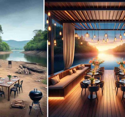 Create a realistic HD photo that represents the transformation of a riverside dining experience. The image could show a before and after scenario side by side. The 'before' picture might consist of a simple picnic setup on an unrefined riverside, with a few chairs and a table set up, perhaps a grill nearby and a simple cloth canopy for cover. The 'after' picture could depict an upscale outdoor riverside restaurant setup with sophisticated lighting, plush seating arrangement, a well-set, glossy dining table gleaming under ambient lights, and a grand wooden deck extending towards the water.