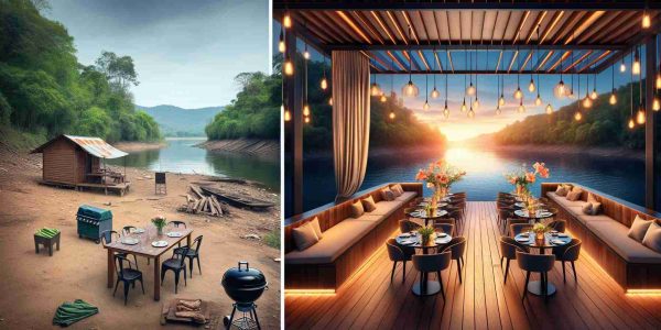 Create a realistic HD photo that represents the transformation of a riverside dining experience. The image could show a before and after scenario side by side. The 'before' picture might consist of a simple picnic setup on an unrefined riverside, with a few chairs and a table set up, perhaps a grill nearby and a simple cloth canopy for cover. The 'after' picture could depict an upscale outdoor riverside restaurant setup with sophisticated lighting, plush seating arrangement, a well-set, glossy dining table gleaming under ambient lights, and a grand wooden deck extending towards the water.