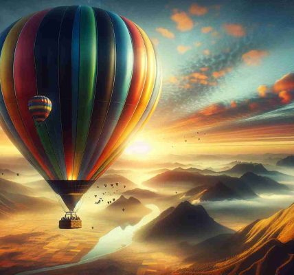 Create a striking, high-definition image that combines the romanticism of old-world travel with a futuristic perspective. In the center of the composition is a colossal, colorfully striped hot air balloon, gently floating above a breathtaking landscape that extends towards the horizon. Tiny figures of adventurous tourists are visible in the balloon's basket, suggesting the idea of intrepid exploration. In the backdrop, a morning sun is slowly rising, casting warm hues onto the scene and creating an effect of overwhelming beauty. The overall picture embodies the concept of 'New Heights in Tourism: Balloon Adventures as the Future of Travel'.