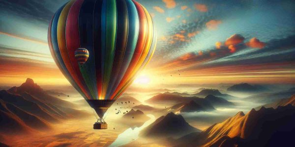 Create a striking, high-definition image that combines the romanticism of old-world travel with a futuristic perspective. In the center of the composition is a colossal, colorfully striped hot air balloon, gently floating above a breathtaking landscape that extends towards the horizon. Tiny figures of adventurous tourists are visible in the balloon's basket, suggesting the idea of intrepid exploration. In the backdrop, a morning sun is slowly rising, casting warm hues onto the scene and creating an effect of overwhelming beauty. The overall picture embodies the concept of 'New Heights in Tourism: Balloon Adventures as the Future of Travel'.