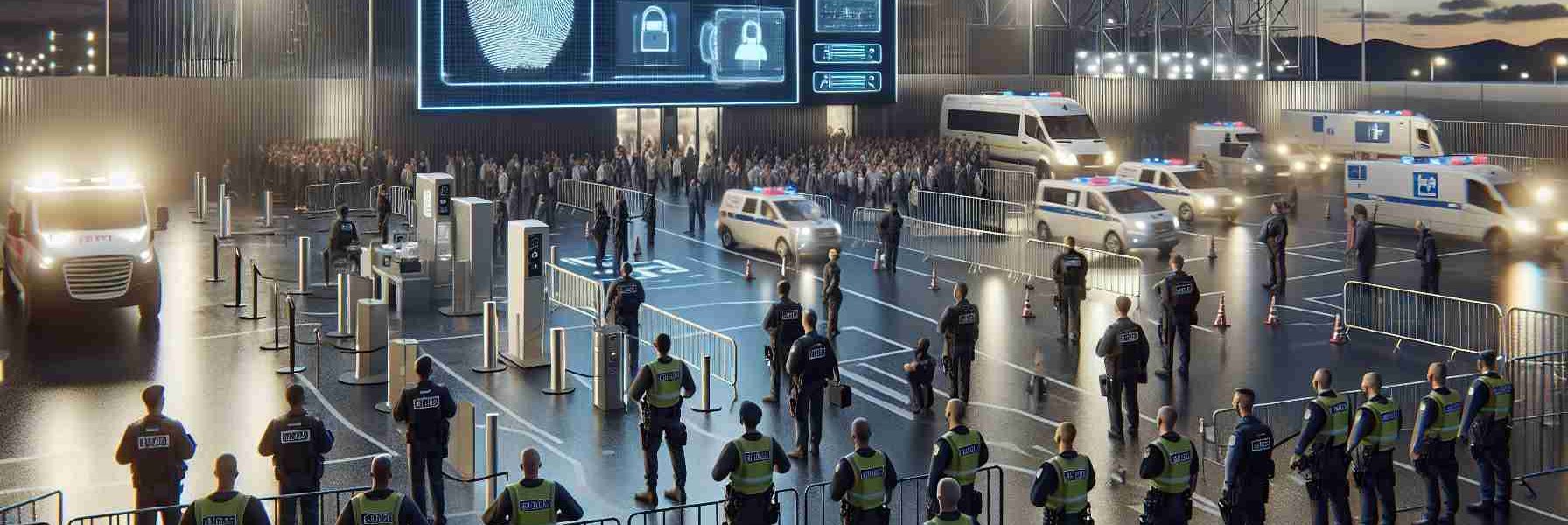 A high-definition, realistic image displaying extensive security measures implemented to make sure a particular event goes off without a hitch. The scene should encompass security personnel of various descents such as Caucasians, Black and Middle-Eastern both male and female, diligently monitoring the surroundings. Also, showcase biometric systems such as fingerprint scanners and facial recognition technology. The area should be clear of crowds but should indicate signs specific for a large gathering, such as barriers, signs pointing to exits and first aid stations, lighting for evening events, and emergency vehicles on standby.