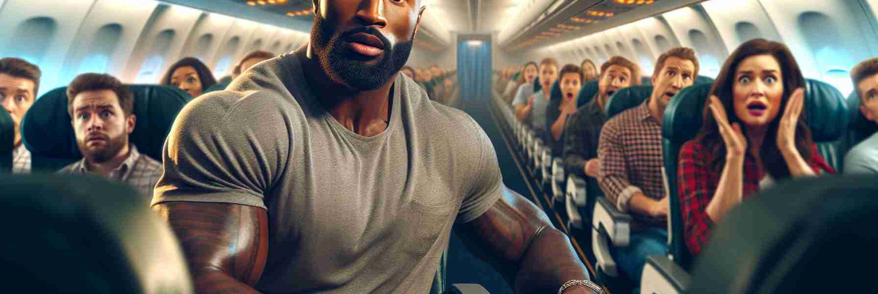 Realistic HD photo of a former professional American football player, characterized by a strong, athletic build, who unexpectedly faces travel turbulence. The player, dressed in casual travel attire, grips a seat armrest. A look of surprise is evident on his face, whilst the cabin lights flicker indicating the turbulence. The background is filled with other startled passengers and flight attendants trying to stabilize the situation.