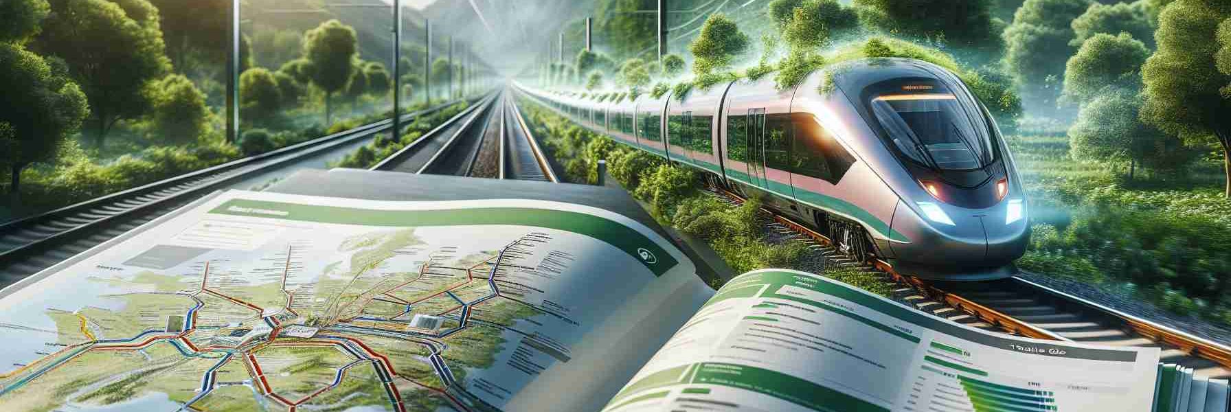 A realistic, high-definition image depicting the concept of exploring sustainable travel alternatives through comprehensive train guides. In the foreground, a laid-open train guide showing a rail network map and detailed information about routes, schedules, and eco-friendly practices. In the background, a dynamic scene presenting a modern, energy-efficient train swiftly cruising through a lush, green landscape, illustrating the appeal and potential impact of choosing sustainable travel methods.